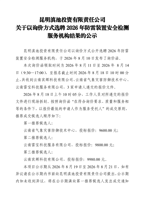 昆明滇池投资有限责任公司关于以询价方式选聘2026年防雷装置安全检测服务机构结果的公示_01