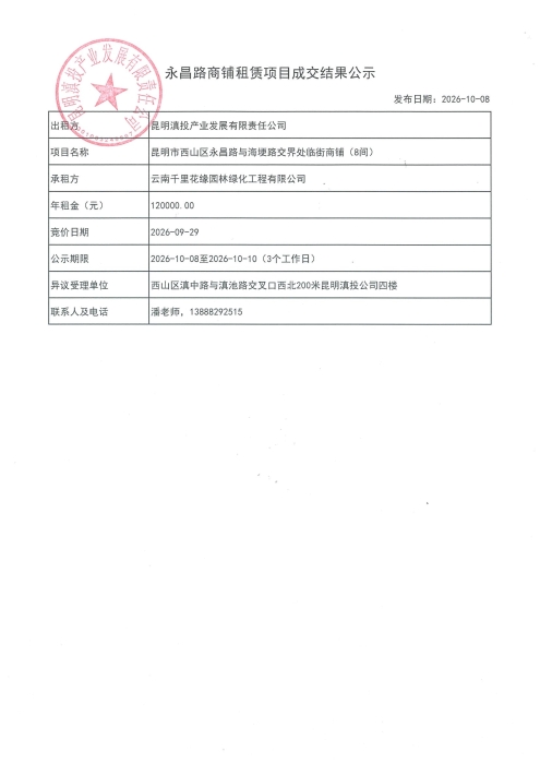 永昌路商铺租赁项目成交结果公告